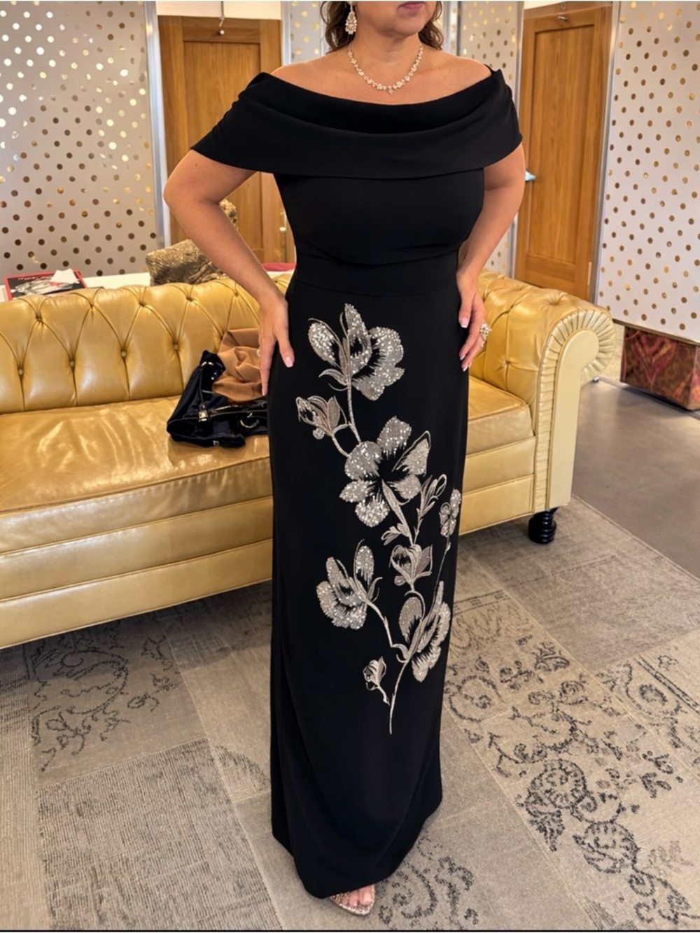 Vince Camuto Black Off‑Shoulder Midi Dress with Silver Floral Accents